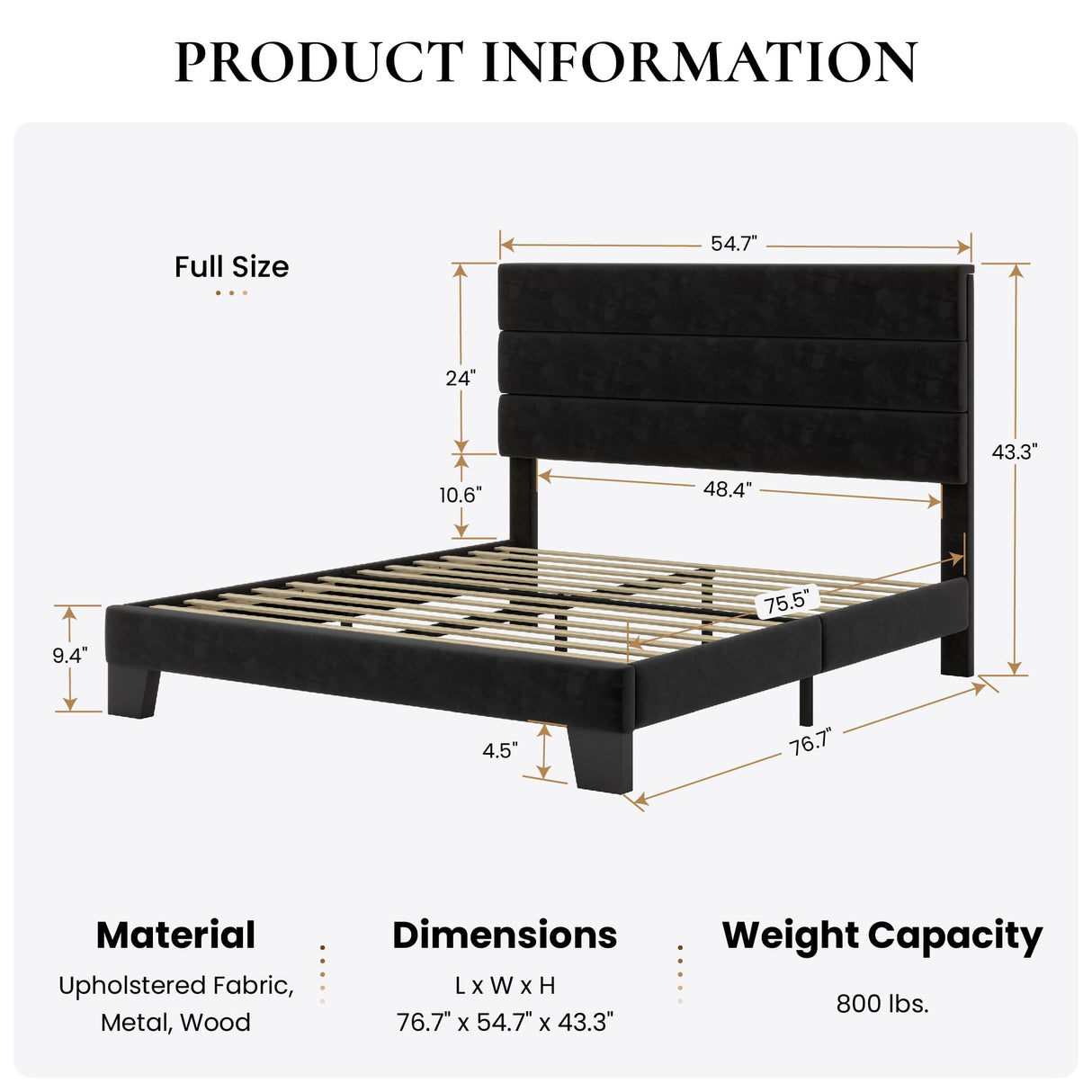 SHA CERLIN Full Platform Bed Frame with Velvet Upholstered Headboard, Mattress Foundation with Strong Wooden Slats Support, No Box Spring Needed, Black SHA CERLIN