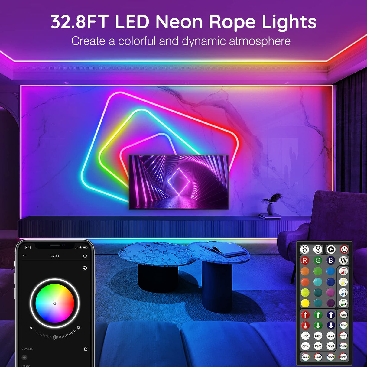Led Neon Rope Lights 32.8Ft,Control with App/Remote,Flexible Led Rope Lights,Multiple Modes,IP65 Outdoor RGB Neon Lights Waterproof,Music Sync Gaming Led Neon Strip Lights for Bedroom Indoor Led Light AILBTON