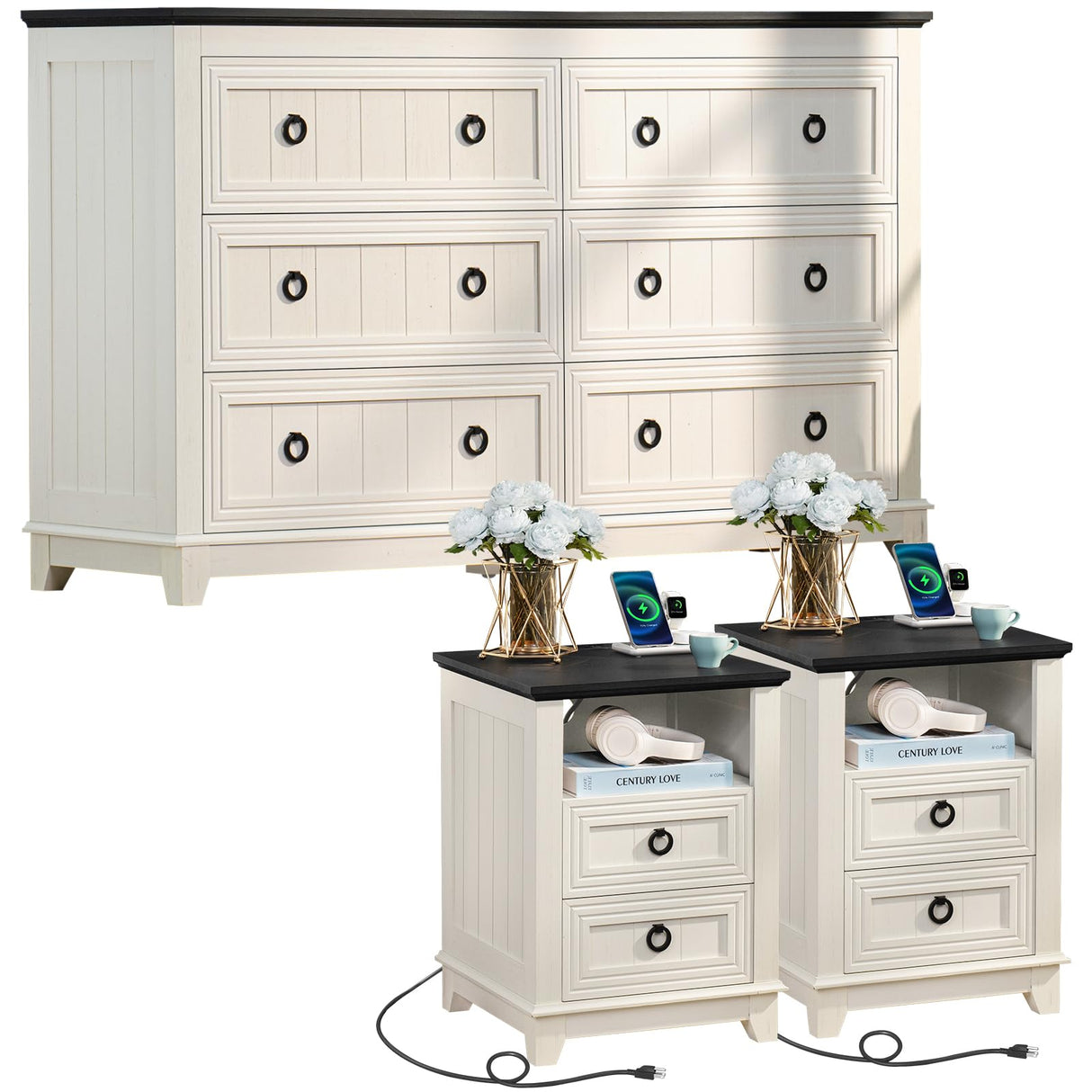Joaxswe Farmhouse Furniture Set, Nightstands Set of 2 and 6 Drawers Dresser for Bedroom, 58 Inch Wide Wood Dresser and 18" Night Stands with Charging Station for Bedroom, Living Room, Hallway Joaxswe