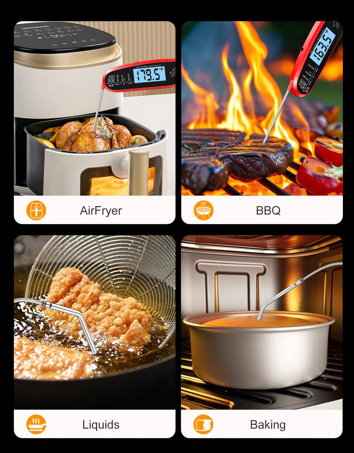 Vuwwey Instant Read Meat Thermometer Digital for Cooking with Dual Probe, Big Backlit & Calibration, Food Thermometer for Oven, Candy, BBQ, Grill, Smoker & Oil Fry, Gifts for Men, Kitchen Essentials Vuwwey