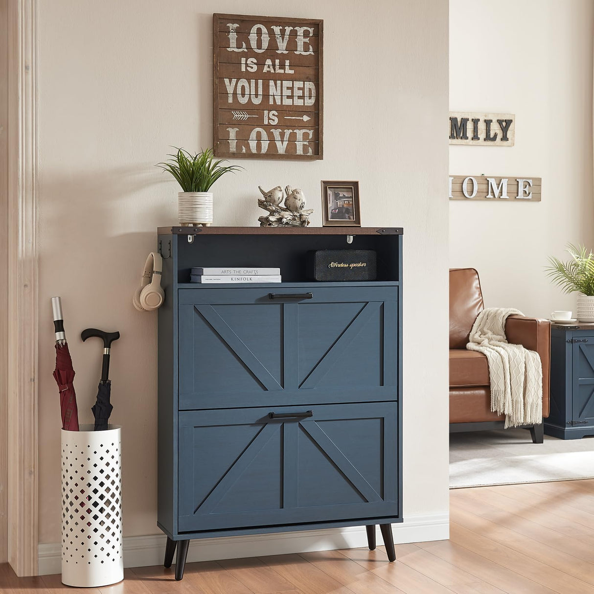 Barnyatoh Shoe Storage Cabinet,Farmhouse Shoe Organizer with 2 Flip Drawers & Barn Door Design,Freestanding Hidden Slim Narrow Shoe Rack Cabinet with Open Storage for Entryway, Foyer,Hallway,Blue Barnyatoh