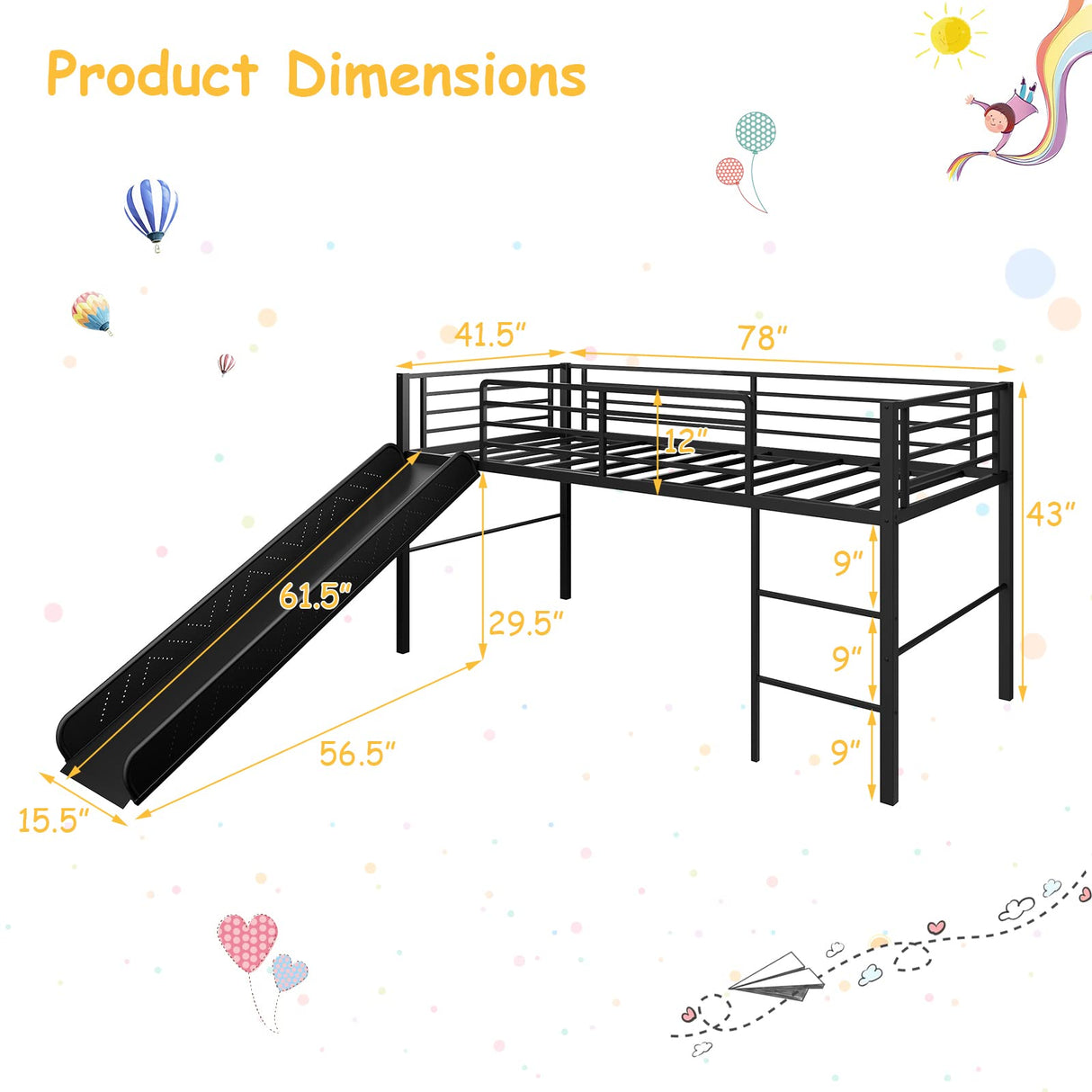 Giantex Twin Loft Bed with Slide, Metal Low Bunk Bed w/Safety Guardrails & Built-in Ladder, Toddler Bed Floor Frame for Boys & Girls, No Box Spring Needed (Black) Giantex