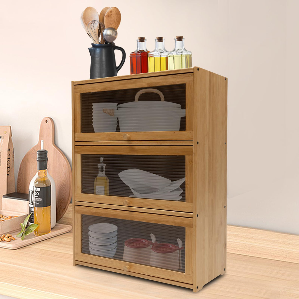 LARIDEN 3 Tiers Bamboo Storage Cabinet for Kitchen Countertop, Freestanding Pantry Cabinet with Flip-Up Door Organizer Shelf for Spice Seasoning Bottles, Plates, Cups Storage Cabinet LARIDEN