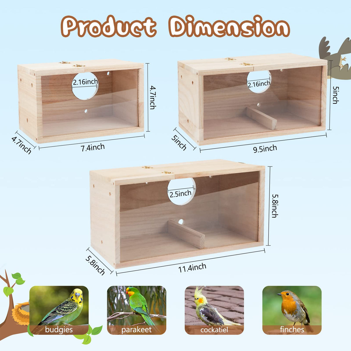 GINDOOR Parakeet Nesting Box Transparent Bird House for Cage Natural Wood Breeding Box for Parrot Parakeet Cockatiel Lovebirds Budgie Conure and Other Small Birds GINDOOR