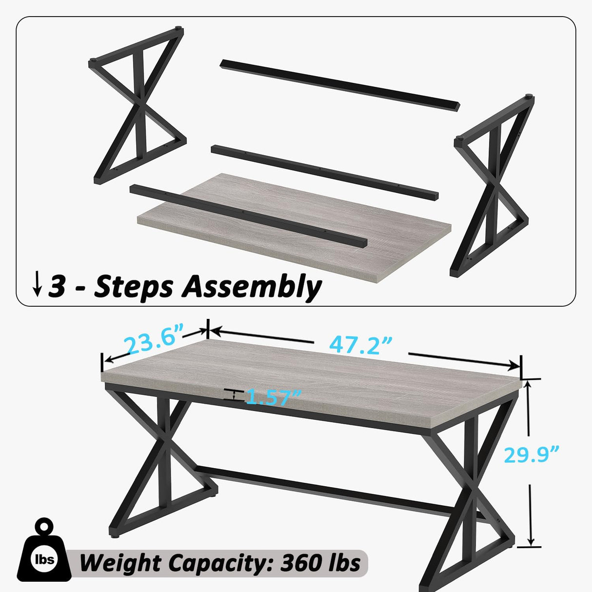 IBF Computer Desk, Industrial PC Laptop Office Desk, Farmhouse Gaming Desk with Spacious Desktop, Rustic Wood Metal Writing Study Work Table for Home Office Bedroom, 47 Inch, Grey Oak IBF