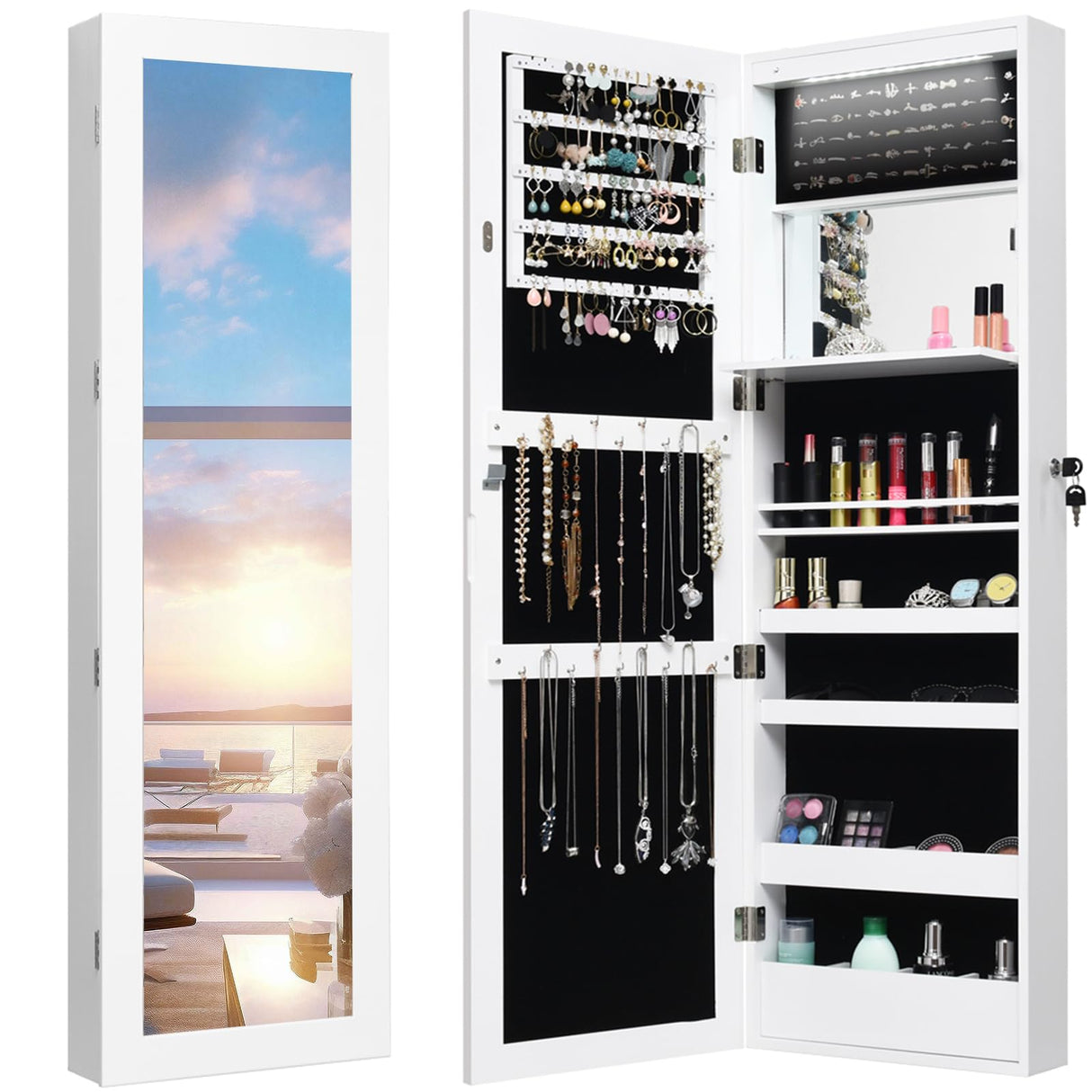 Giantex LED Jewelry Cabinet Wall Mounted Door Hanging, Lockable Jewelry Armoire with 47.2'' Full Length Mirror, Foldable Makeup Tray, Lipstick Brush Holders, Jewelry Storage Organizer (White) Giantex