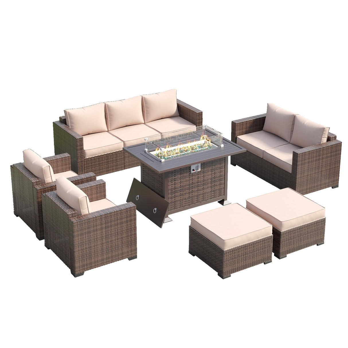 Amopatio Outdoor Patio Furniture Sets, 10 Pieces Wicker Patio Furniture, Outdoor Sectional Patio Couch Set with Ottoman, Patio Conversation Set with 44" Gas Fire Pit (Khaki) Amopatio