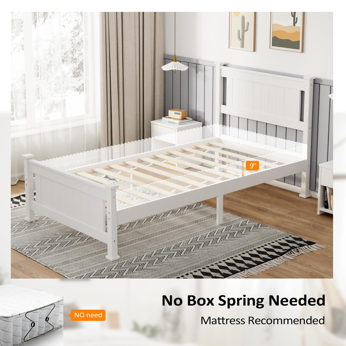 VINGLI Wood Twin Bed Frame with Headboard, Stylish Modern White Platform Single Panel Bed, No Box Spring Needed Wooden Slat Support Mattress Foundation VINGLI