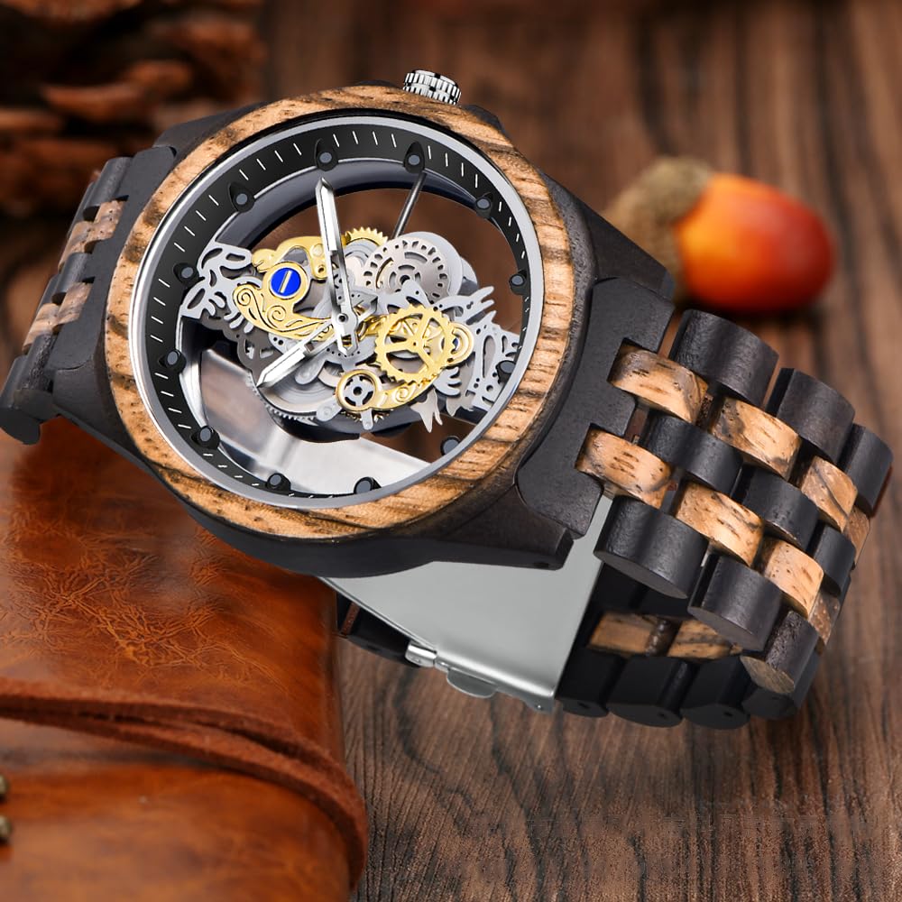 Dentily Men's Hollow Analog Wooden Watch Retro Gear Carving Design Transparent Dial Quartz Watch for Men Dentily