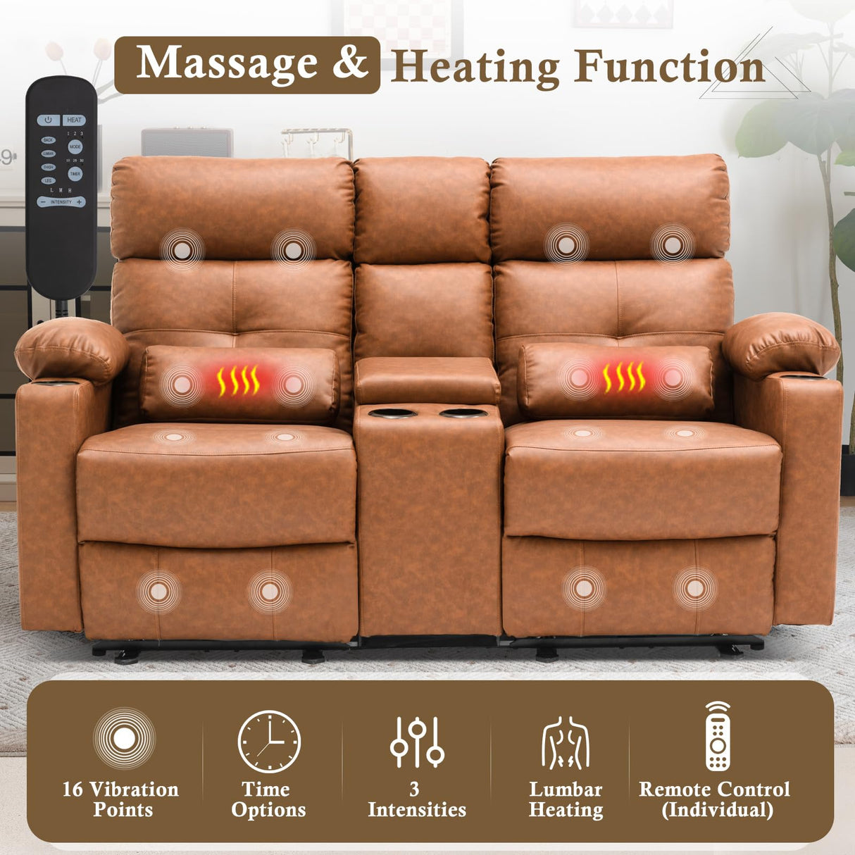 PALLOME Power Loveseat Recliner Sofa with Console, Loveseat Reclining Sofa with Heat & Massage, Home Theater Seating with Lumbar Pillow for Living Room, RV Recliner Loveseat(PU, Yellowish Brown) PALLOME