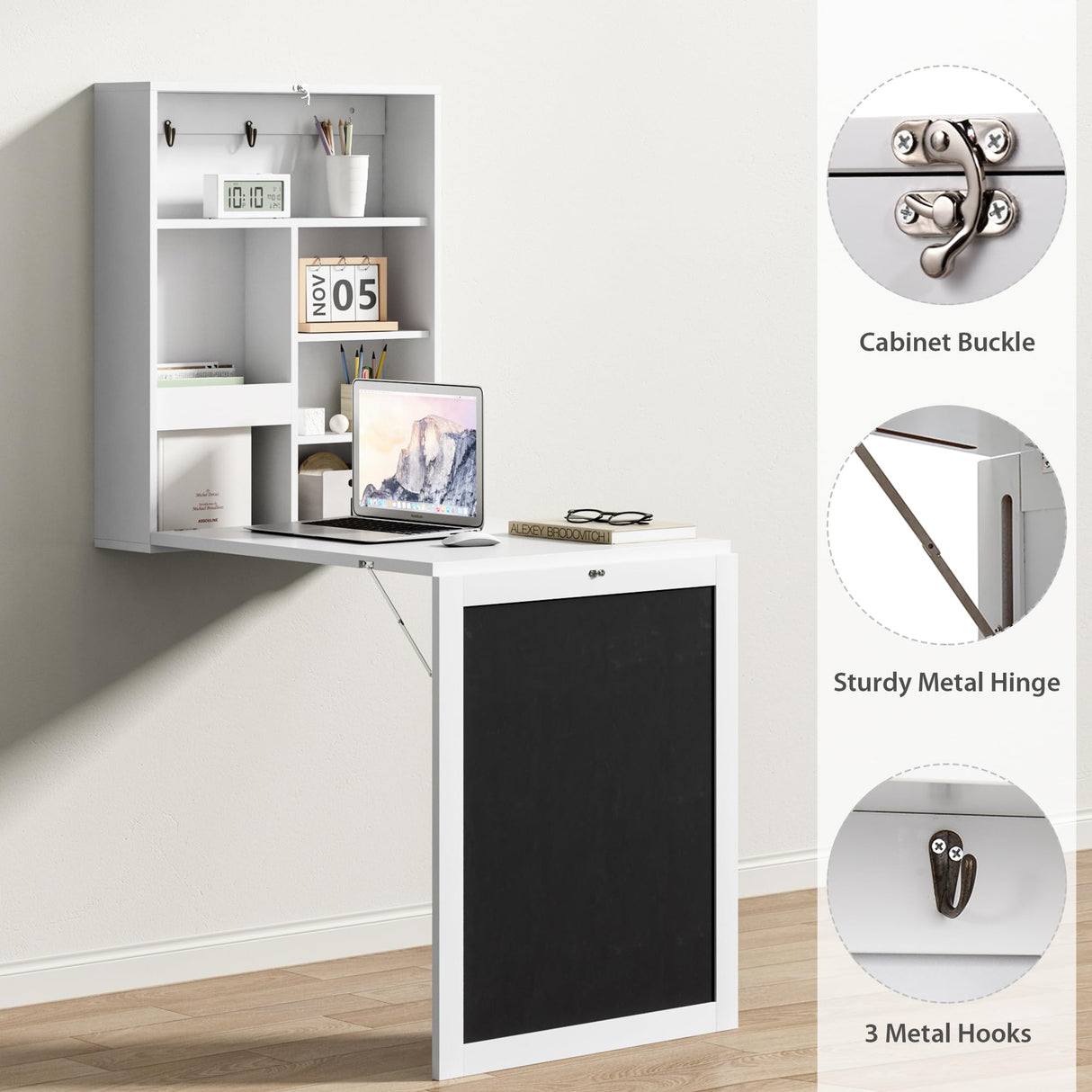 JAXPETY Wall Mounted Fold Out Desk with Storage Shelves Convertible Floating Desk Space Saving Wall Mount Table with Blackboard, White JAXPETY