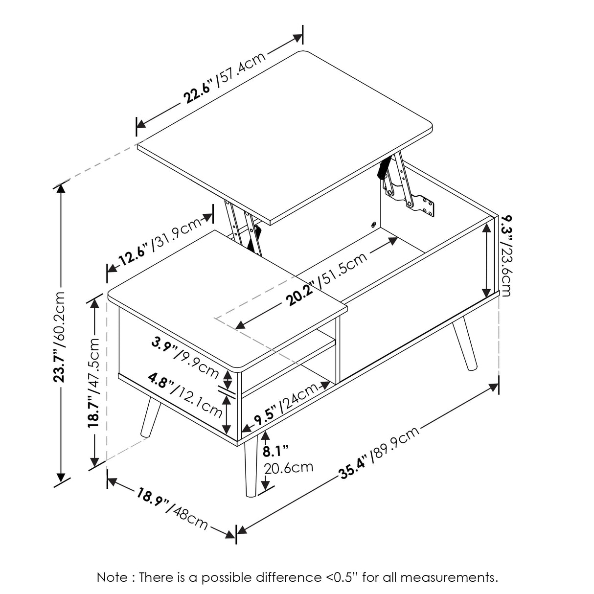 Furinno Jensen Living Room Wooden Leg Lift Top Coffee Table With Hidden Compartment and Side Open Storage Shelf, Americano Furinno