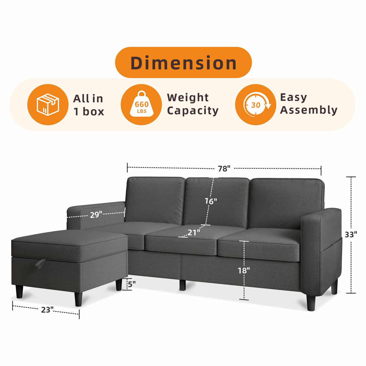 Sectional Sofa Couches for Living Room - 78'' Dark Grey 3 Seat L-Shaped Couch with Storage Ottoman, Modern Linen Convertible Sectionals Sofas with Chaise for Apartment, Office, Small Space Lonkwa