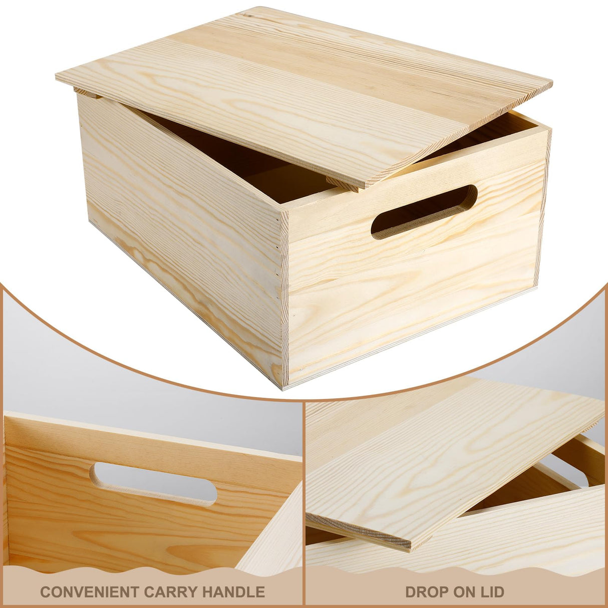 Spiareal Wooden Storage Box 15 x 12 x 7 Inches Pine Wood Decorative Crate Box with Hand Holes and Lid Plain Unpainted Wooden Storage Bins for Home Decor Wine Tool Kitchen Arts Crafts Spiareal