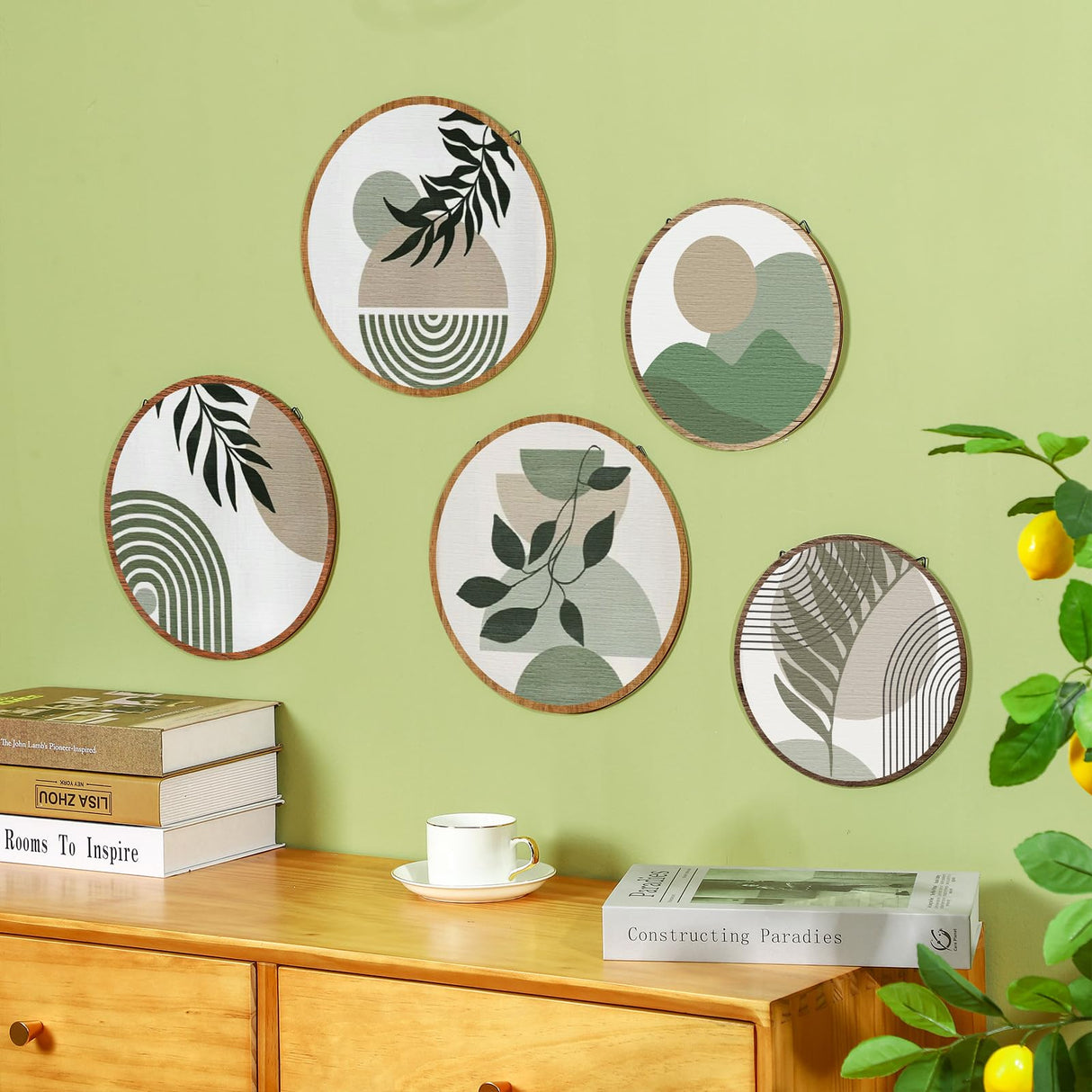 5 Pcs Boho Wooden Wall Art - Bohemian Geometric Hanging Decor for Living Room, Bedroom - 10'' and 8'' Greenery Minimalist Farmhouse Wall Hangings Qunclay