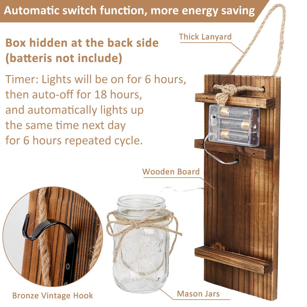 OurWarm Country Farmhouse Sunflower Wall Decor with Mason Jars, Remote 6-Hour Timer LED Lights, Hanging Mason Jar for Home Kitchen Decor Living Room Lights, Set of 2 OurWarm