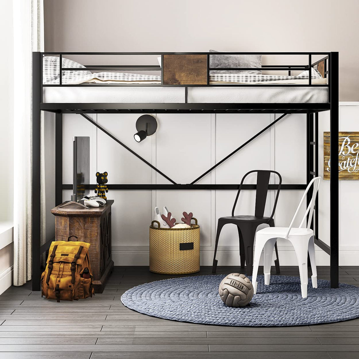 SHA CERLIN Black Metal Twin Loft Bed Frame with Stairs and Full-Length Guardrail SHA CERLIN