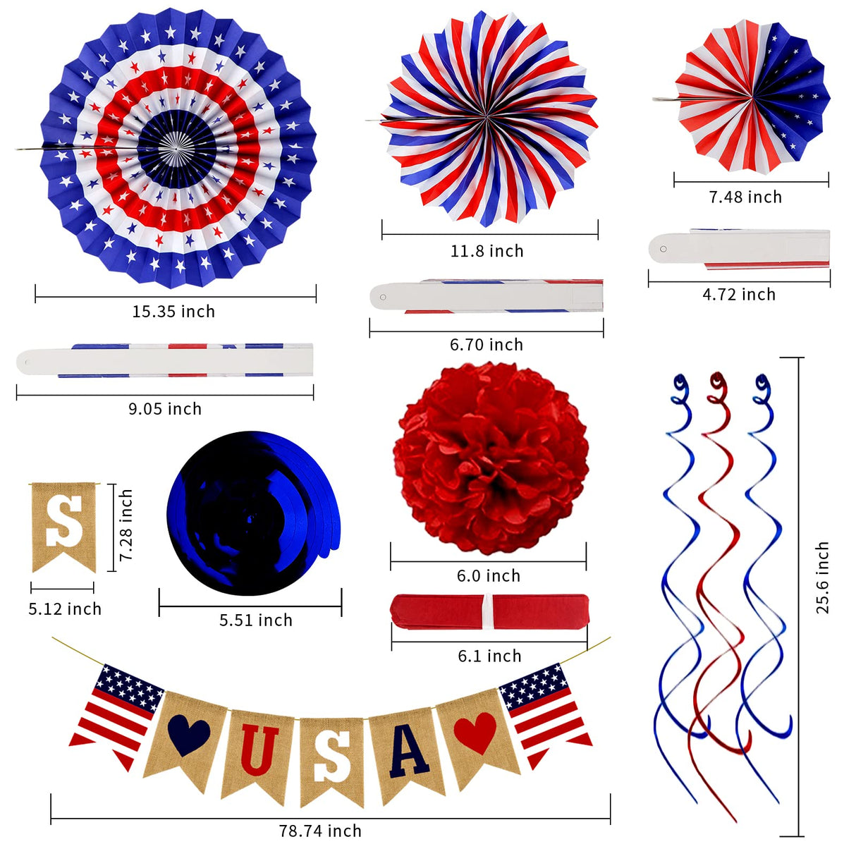 Labrostar 26Pcs Patriotic Decorations - Red, White & Blue USA Flag Party Pack for Fourth of July, Includes Paper Fans, Pom Poms, Hanging Swirls, Banner & Star Streamer Labrostar