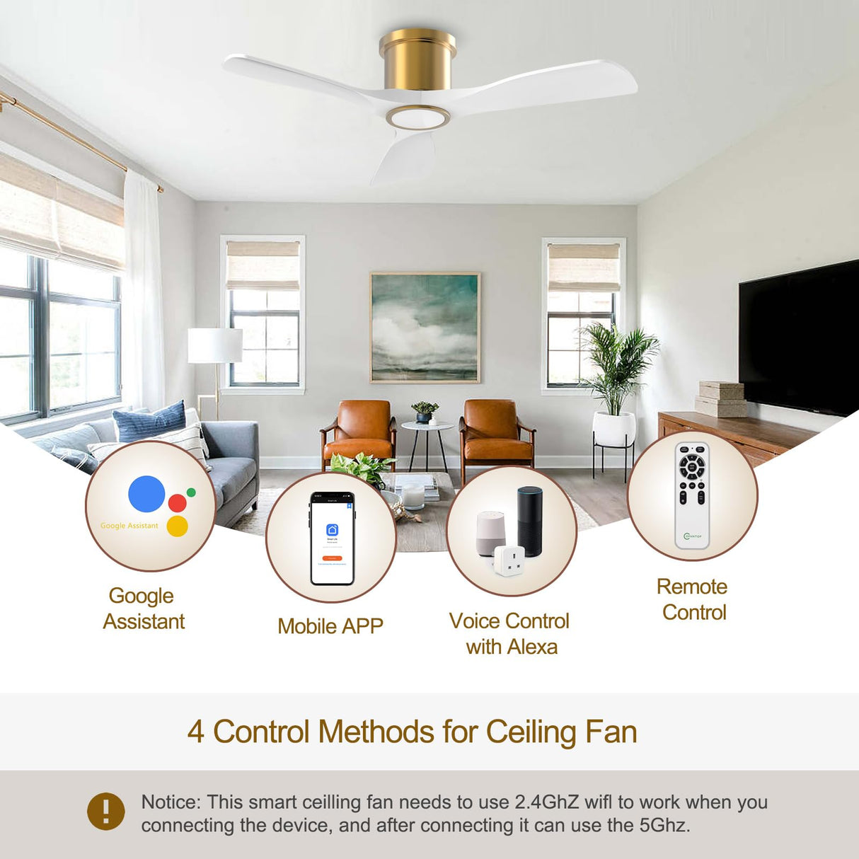 OFANTOP 52 Inch Smart Ceiling Fan with Light and Remote, Indoor 3 Blade White Gold Low Profile Flush Mount Modern Ceiling Fan for Bedroom Living Room OFANTOP