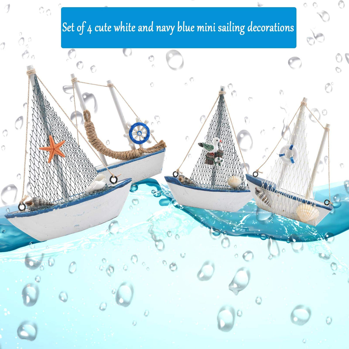 BUYGOO Mini Sailboat Model Decoration - 4-Piece Wooden Miniature Sailing Boat Home Decor Set BUYGO