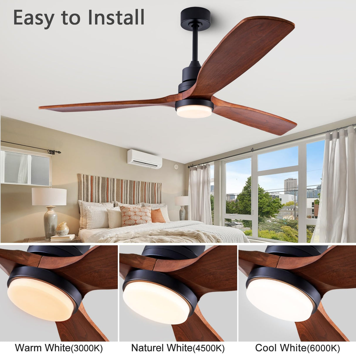 dearnow 56" wooden ceiling fan with lighted remote control, indoor outdoor wooden ceiling fan, outdoor modern ceiling fan with 3 fan blades for patio, living room, office, hallway and more.…… dearnow