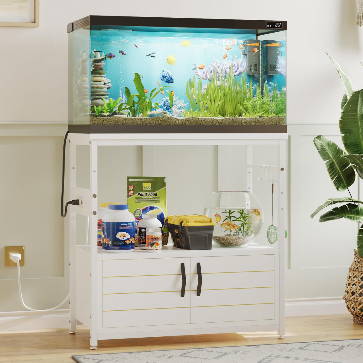 Bestier 20-29 Gallon Fish Tank Stand with Power Outlets, Metal Long Aquarium Stand with Storage Cabinet, 31x15 Reptile Terrarium Stand with Horizontal Gold Line, Stainless Hooks, 350 Lbs(White) Bestier