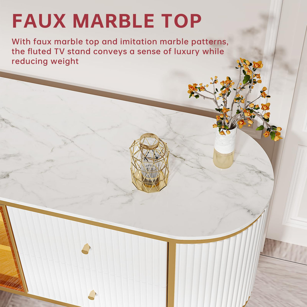 oneinmil Luxury 70" Fluted TV Stand for TVs Up to 75", Modern Entertainment Center with Faux Marble Top, Media Console with Curved Profile Design, Television Stands for Living Room, White oneinmil