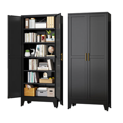 RISTERN Black Metal Storage Cabinet,75" Steel Cabinets for Home Office, Kitchen Pantry Storage Cabinet with Doors and 5 Adjustable Shelves, Tool Cabinets, for Office, Home, Garage, School