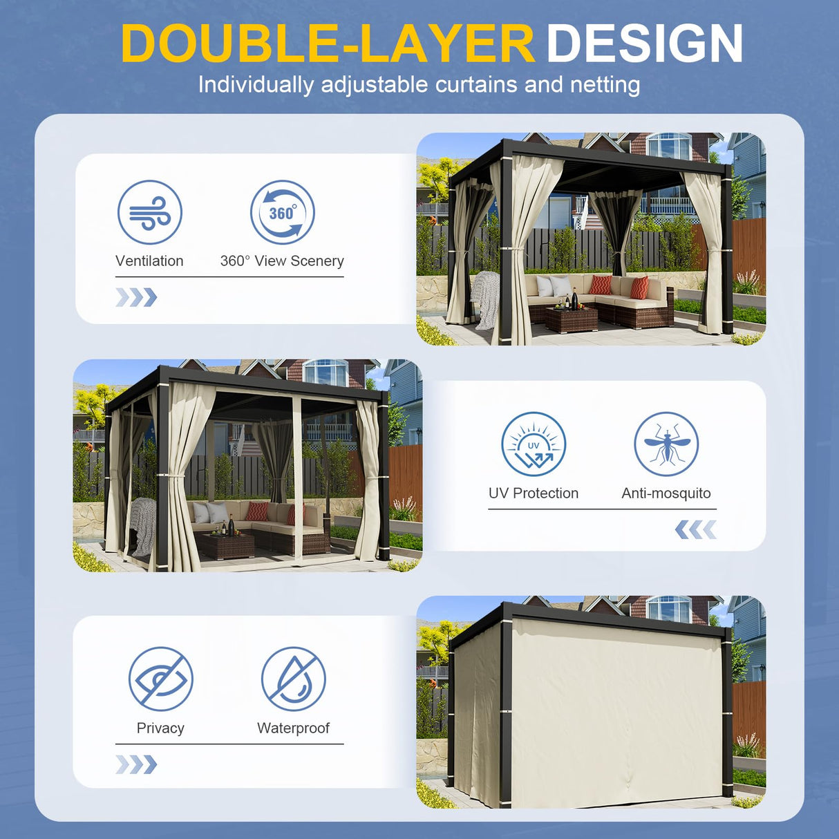 Amopatio 10' X 10' Louvered Pergola, Aluminum Outdoor Pergola with Adjustable Rainproof Roof, Metal Patio Hardtop Gazebo for Backyard, Deck, Garden (Khaki Curtain) Amopatio