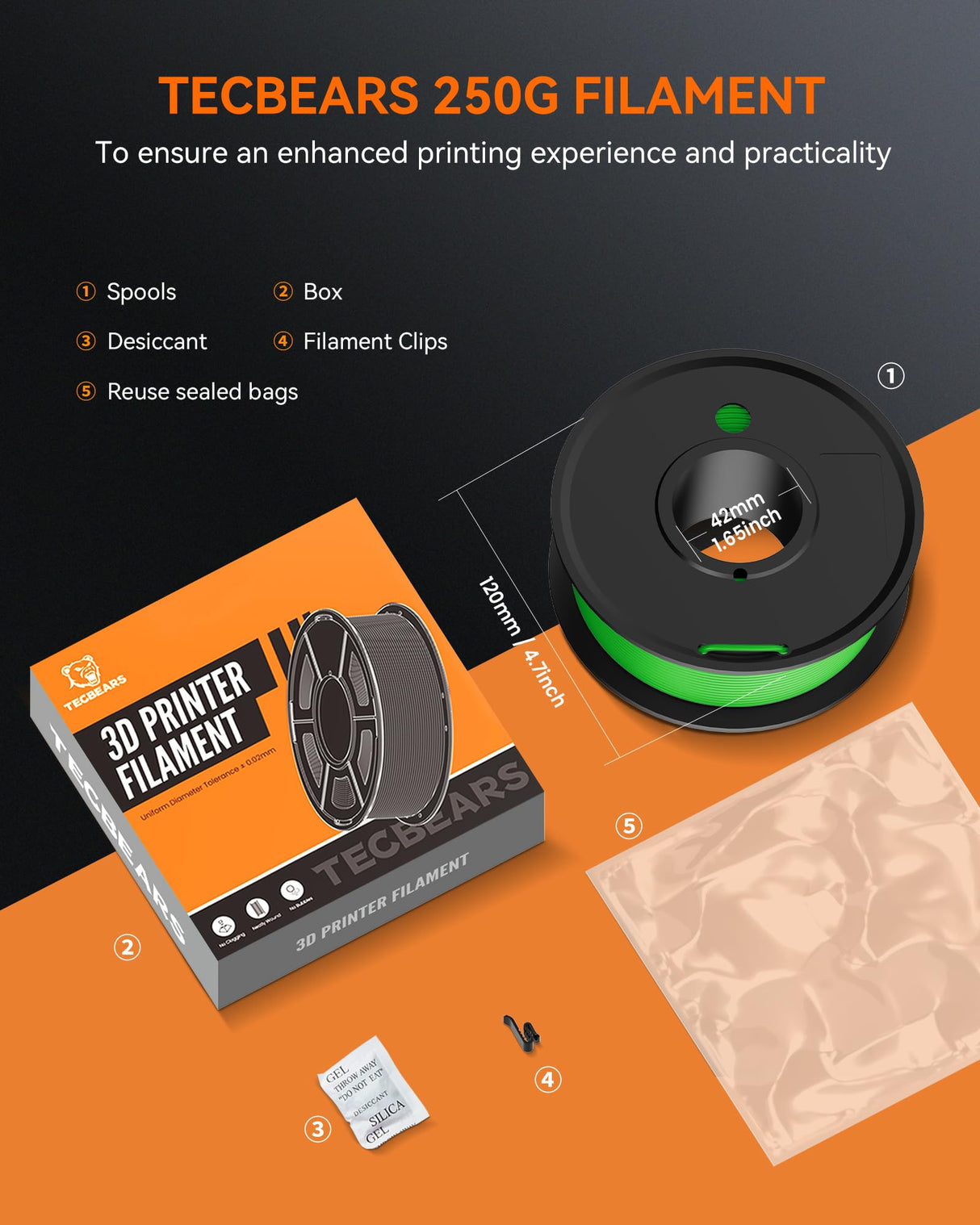 TECBEARS Glow in The Dark Petg Filament,Neatly Wound 3D Printer Filament Bundle,250g/Spool, 8 Packs (2 Spool of Black Petg and 6 Spool of Glowing Blue/Green/Red/Yellow) TECBEARS