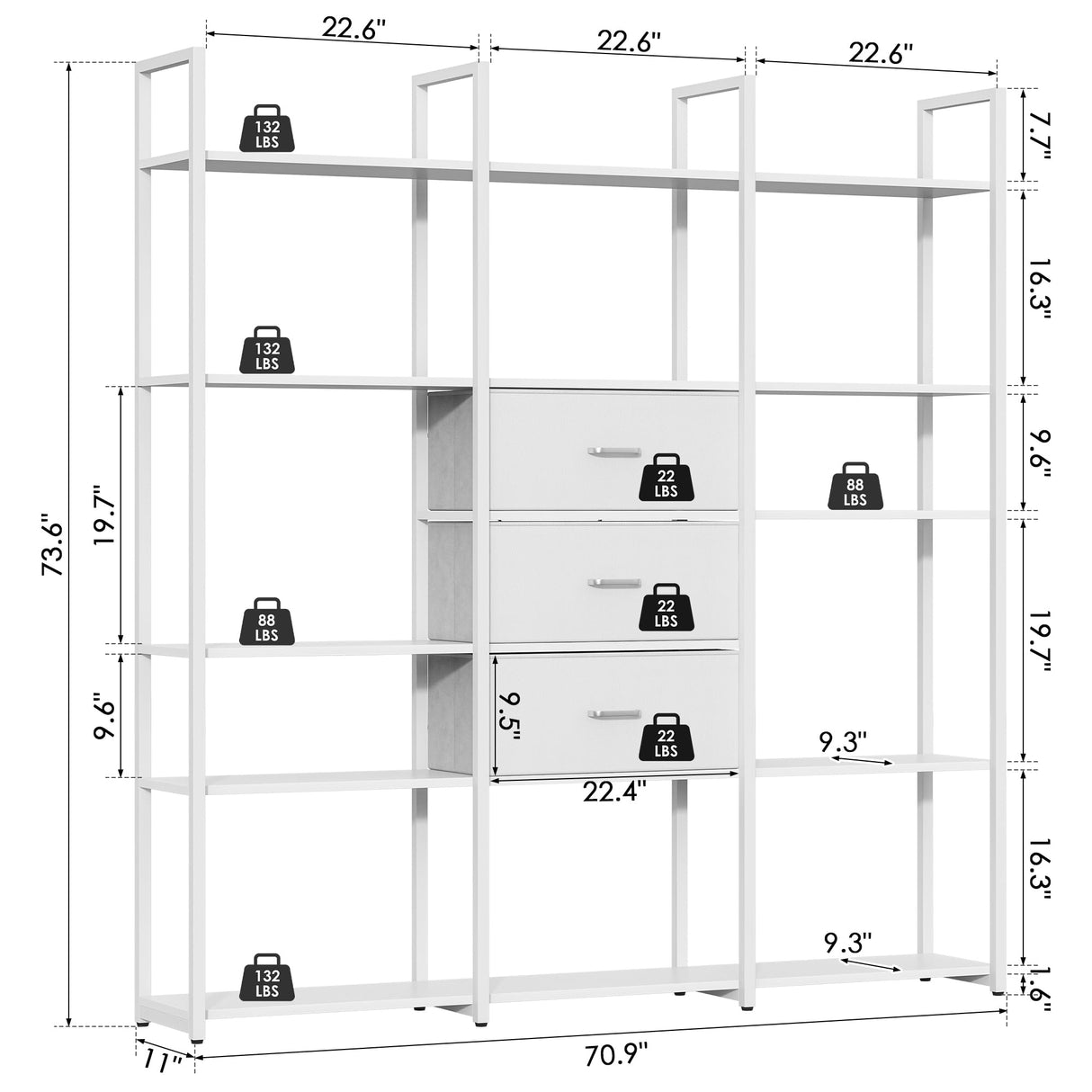 Nosepen 73.6" Tall Bookshelf with 3 Drawers and 16 Storage Shelves, Industrial Bookcase with 16 Open Display Shelves, Large Etagere Bookshelf, Triple Wide Book Shelf Book Case for Home & Office, White Nosepen