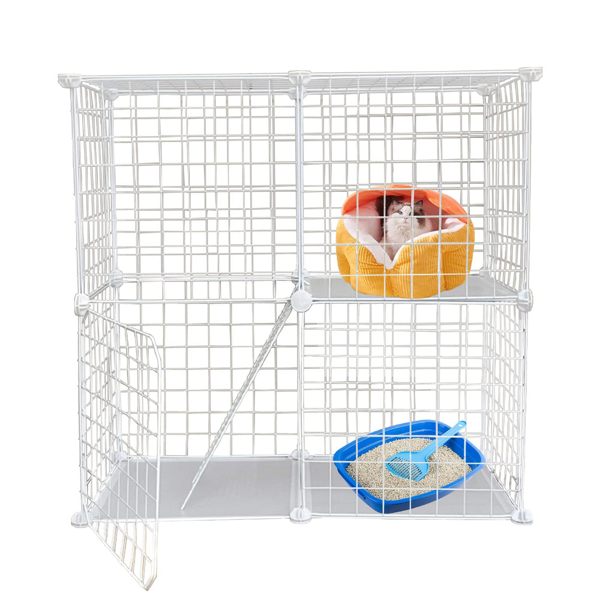 MUYG 2 Tier Metal Cat Cage Indoor Detachable Cats Cages DIY Pet Playpen Portable Removable Kitten Collapsible Playpen for Small and Medium Cats Kittens Kitty (White 29.52 x 15.35 x 28.74 in) MUYG