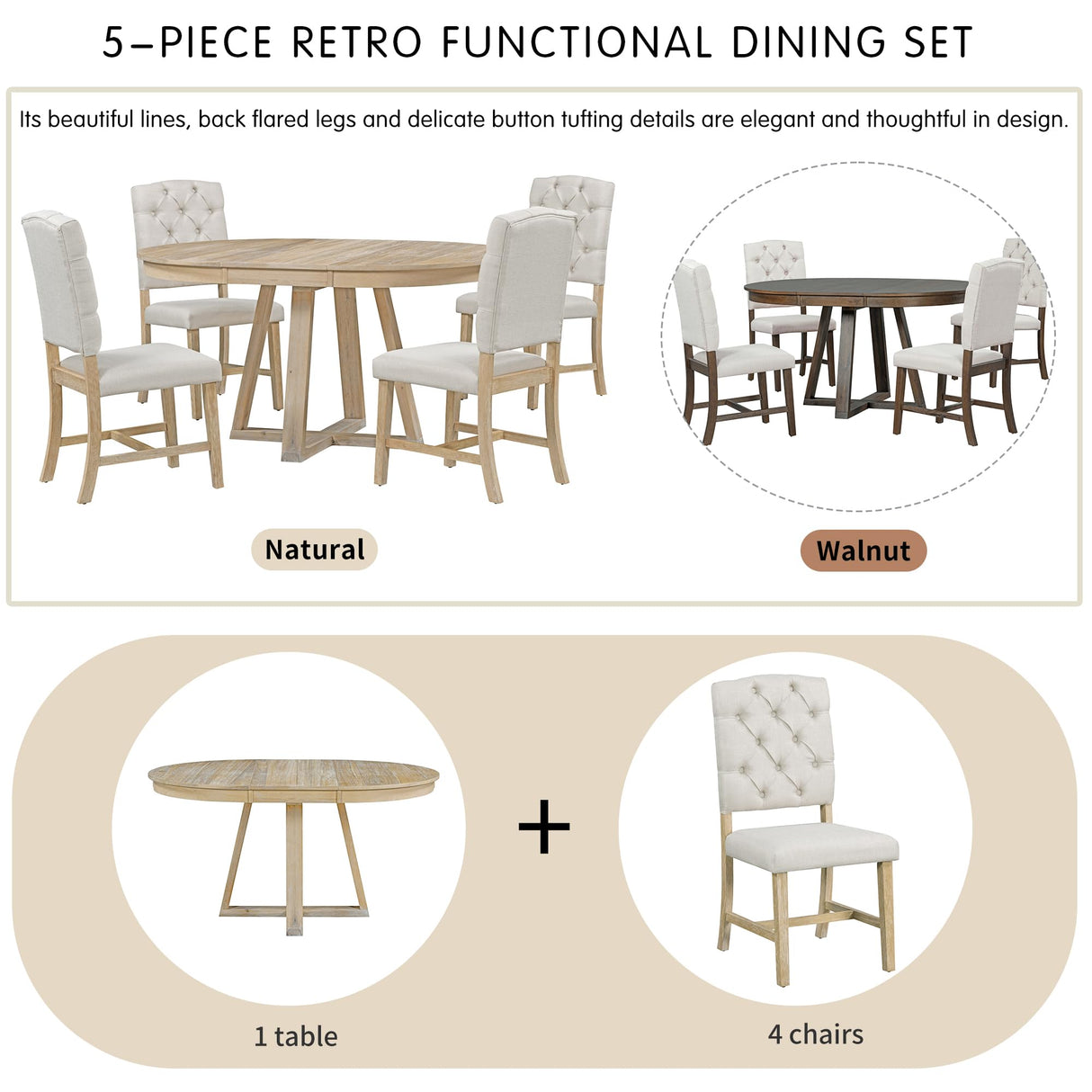 Merax 5 Piece Round Dining Table Set with Extendable Table and 4 Upholstered Chairs, Wood Kitchen Dining Table Chair Set for Dining Room, Living Room, Functional Furniture Retro Style (Natural) Merax