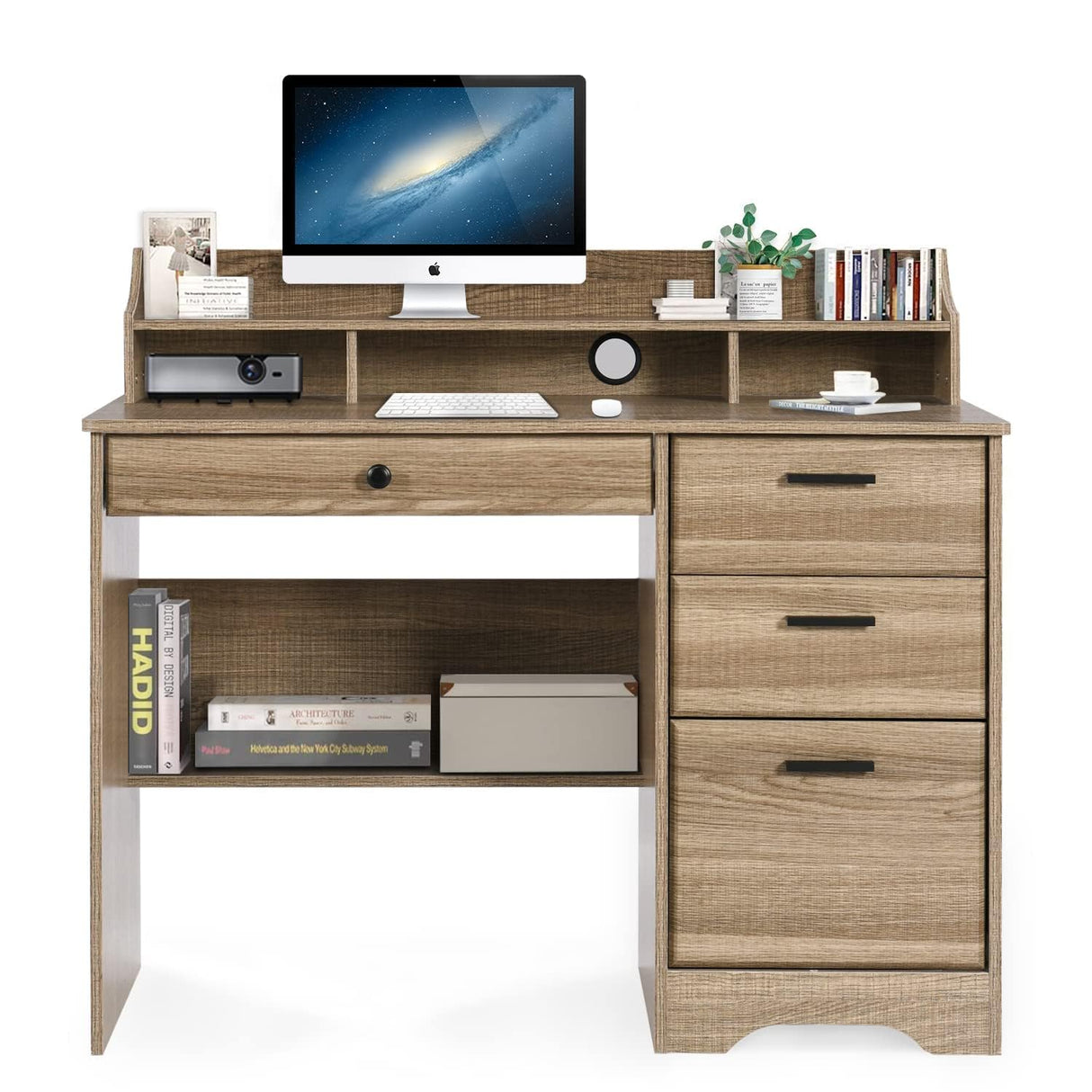 Computer Desk with 4 Drawers and Storage, Small Office Desk with File Drawers and Hutch, Farmhouse Wood Writing Student Table for Home Office, Bedroom, Wooden Grey HOMBCK