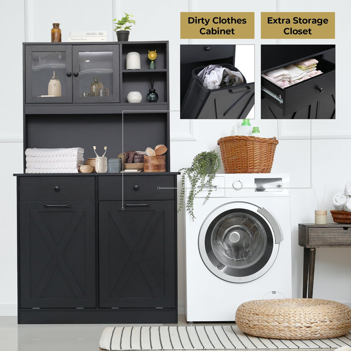 Arlopu Dual Tilt Out Trash&Storage Cabinet, Kitchen Sideboard Cupboard W/Pet Proof 10X2 Gal Hidden Garbage Holder, Freestand Laundry Sort Cabinet, W/Drawer, Shelves,Barn Door (Black) Arlopu