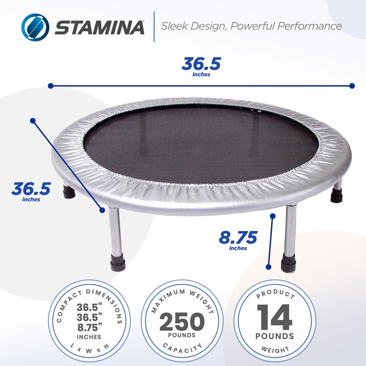 Stamina 36 Inch Durable Rugged Steel Frame Folding Trampoline with MUUV Coaching Audio App and 250 Pound Weight Capacity, Gray Stamina