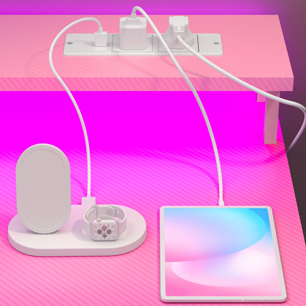 TIQLAB Gaming Desk with Power Outlets & LED 40 Inch Ergonomic Computer Carbon Fiber Surface Gamer Desk, Large Monitor Stand, Headphone Hook, PC Workstation for Bedroom, Pink Desk TIQLAB