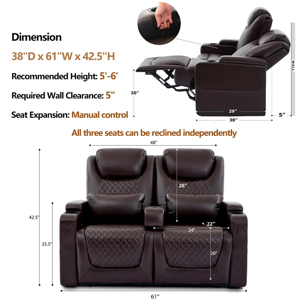 AZXZCS RV Loveseat Recliner, Wall Hugger Recliner Sofa PU Leather with Removable Armrests and Pillows for RVs, Living Rooms, and Home Theaters (Brown, Row of 2) AZXZCS