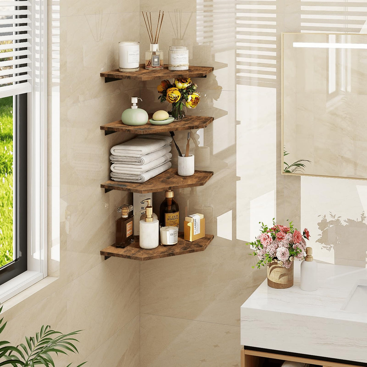 Homode Corner Shelf Wall Mount, Set of 4 Floating Corner Shelves with Cord Hole for Cable Box, Wood Corner Hanging Shelves for Bathroom Bedroom Kitchen, Rustic Brown Homode