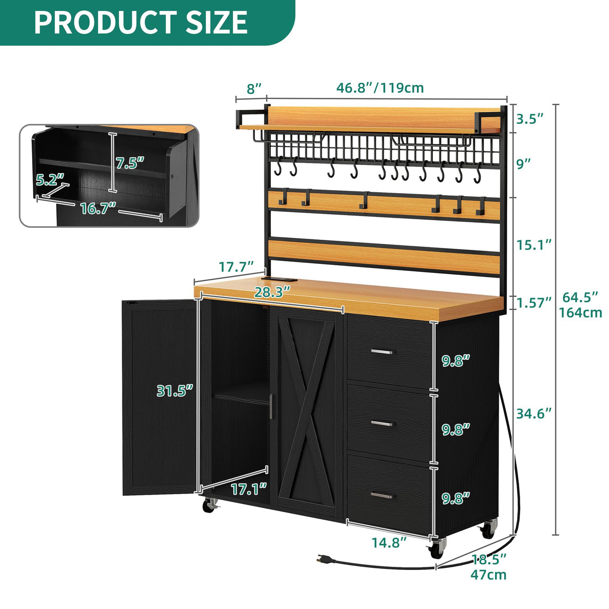 YITAHOME Bakers Rack with Power Outlet and LED Light, 53 Inch Microwave Stand with Storage Cabinet Thickened Counter, Farmhouse Coffee Bar Cabinet on Wheels Tall Shelf for Spices, Cups, Pots, Black YITAHOME