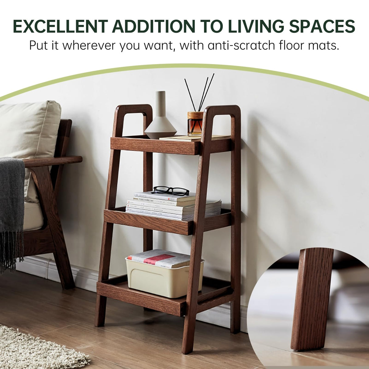 Vadisun 100% Solid Oak 3 Tier Ladder Shelf, Small Bookshelf, Ladder Bookshelf, Bookcase with Stable Frame, Small Table for Living Room Bedroom(Walnut, 12.6" L x 17.72" W x 31.5" H) Vadisun