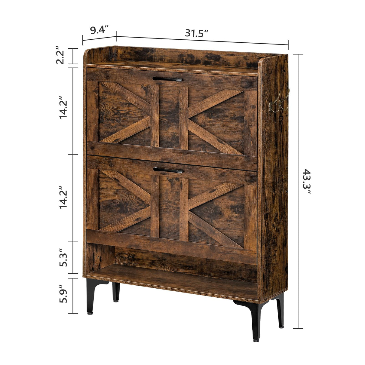 MAHANCRIS Shoe Storage Cabinet, Shoe Organizer with 2 Flip Drawers, Hidden Shoe Storage for Entryway, Freestanding Organizer with Open Storages, Rustic Brown SHHR9401N1 MAHANCRIS