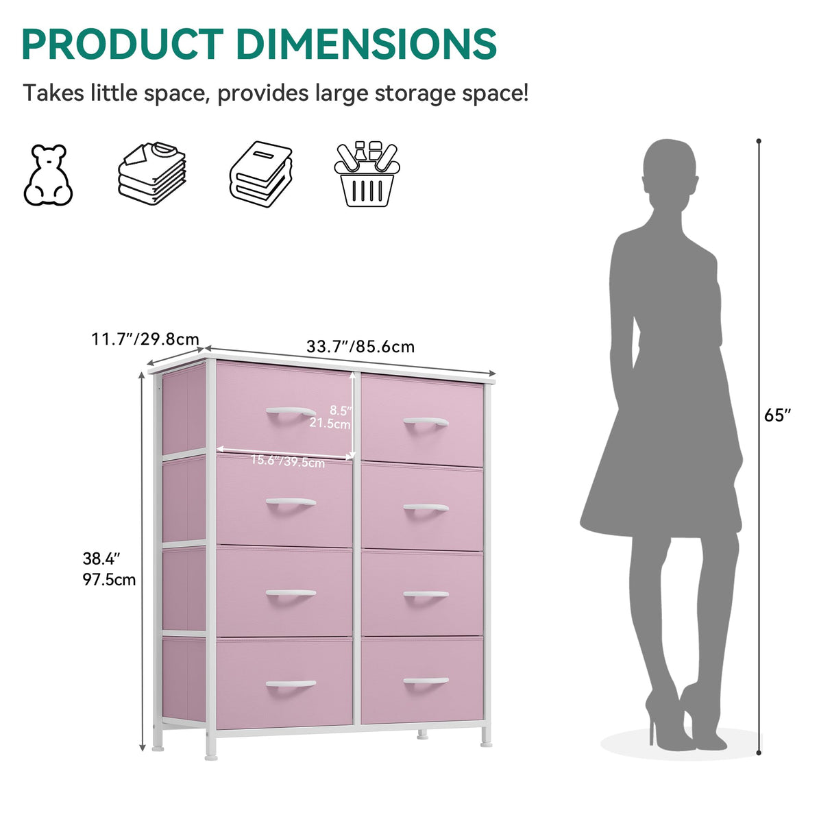 YITAHOME Fabric Dresser for Bedroom, Tall Storage Dresser with 8 Drawers, Black Dresser & Chest of Drawers, Storage Drawer Organizer for Closet(Rose Pink) YITAHOME