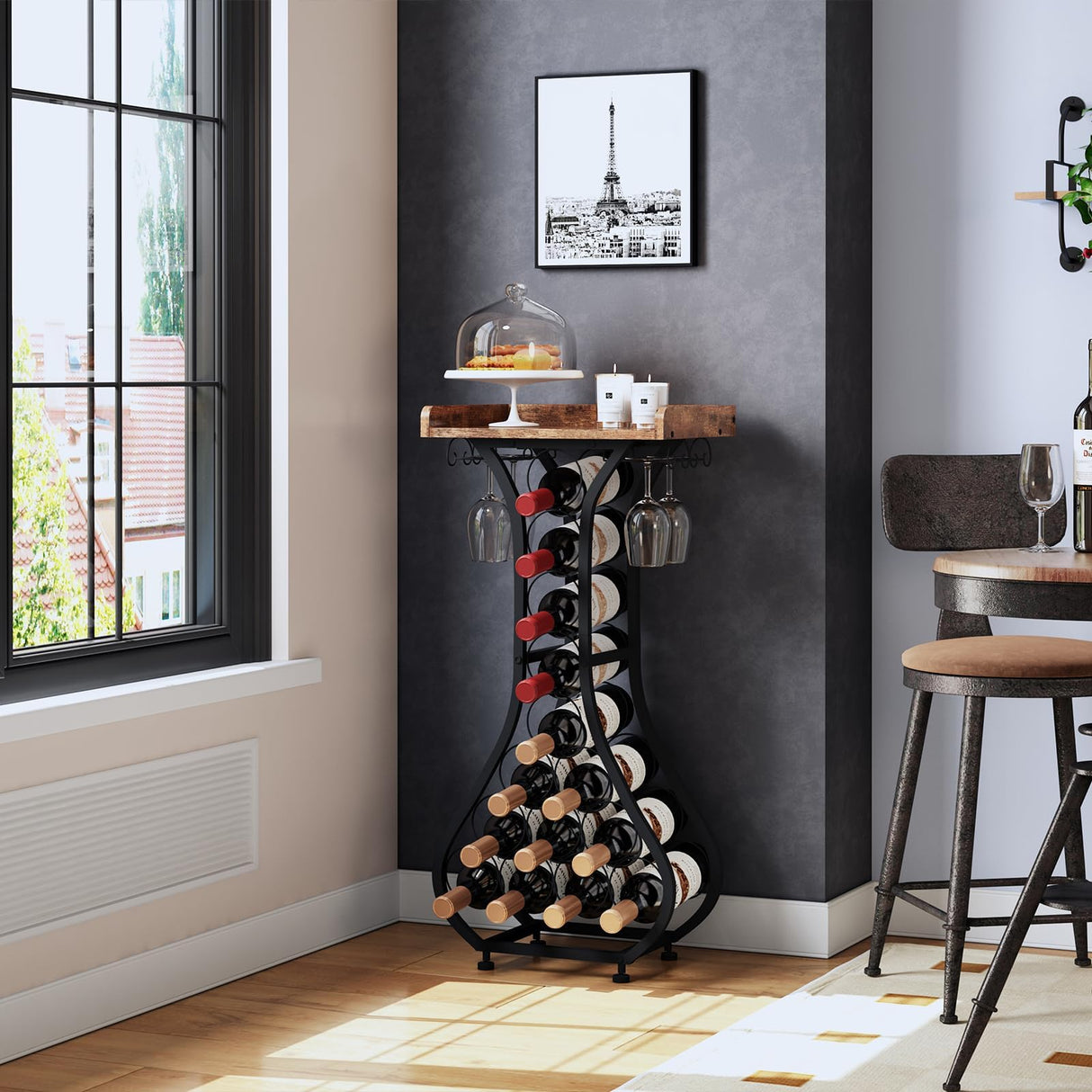 X-cosrack Wine Rack Freestanding Floor, Mini Bar Table Wine Holder Stand Liquor Cabinet with Glass Holder Wood Tabletop 14 Bottles Floor Wine Storage for Home Bar Kitchen Living Room (Patent Pending) X-cosrack