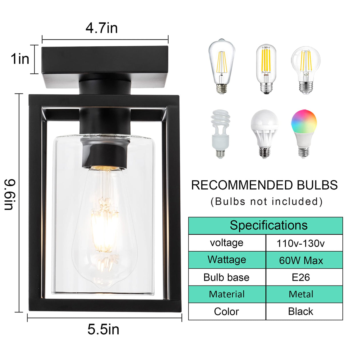 Mayful Flush Mount Ceiling Light Fixture with Clear Glass Shade, Farmhouse Black Metal Frame Light Fixture for Kitchen Island Entryway Porch Foyer Dining Room, E26 Ceramic Base Mayful