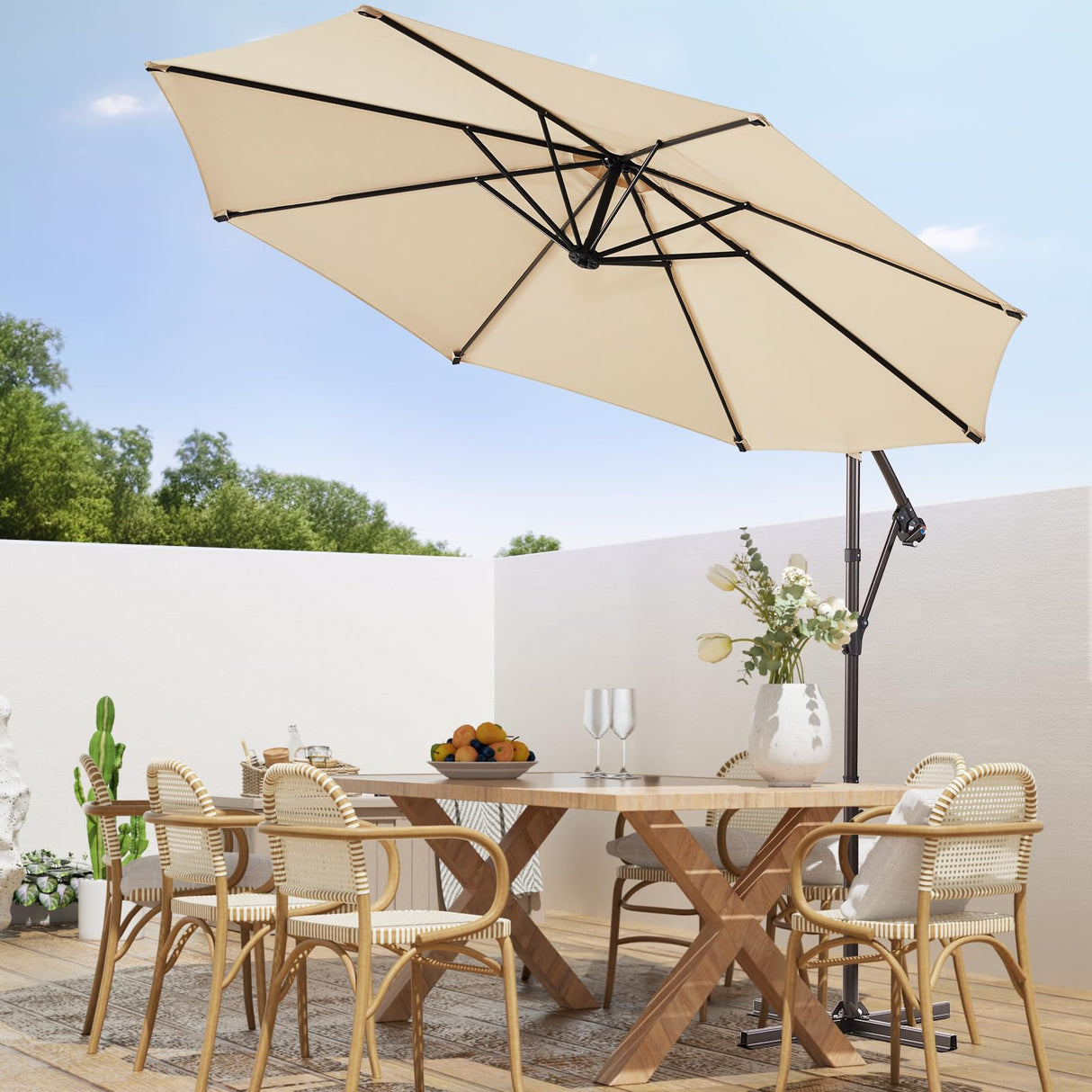 wikiwiki 10ft Patio Umbrellas Offset Outdoor Cantilever Hanging Umbrella w/Infinite Tilt, Fade Resistant Waterproof Recycled Fabric Canopy for Yard, Garden & Deck, Beige wikiwiki