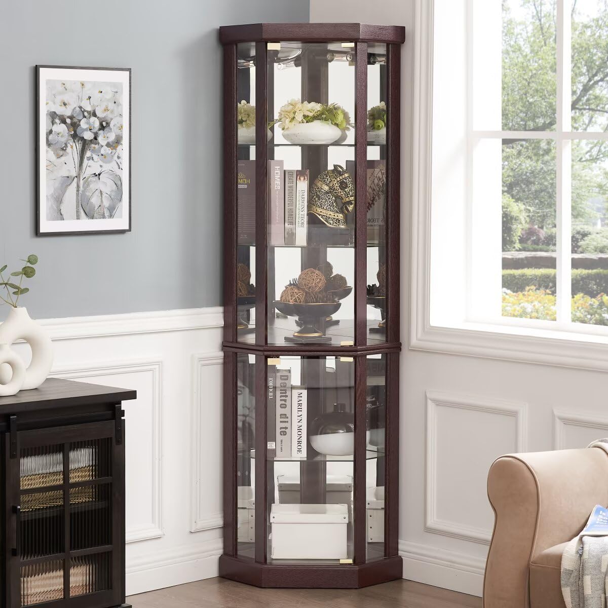 JIJIWANG 70" H Corner Glass Cabinet Lighted Curio Cabinet Corner Display Case for Living Room, Curio Cabinets, Antique Collection, Wine, Bar Glass Storage Light Included, (Dark Cherry) JIJIWANG