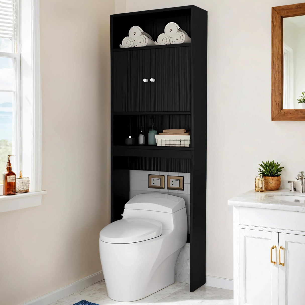 Tydaris Over The Toilet Storage Cabinet – Wood Bathroom Shelf Above Toilet with Double Doors, Bathroom Storage Cabinet Organizer, Black Tydaris