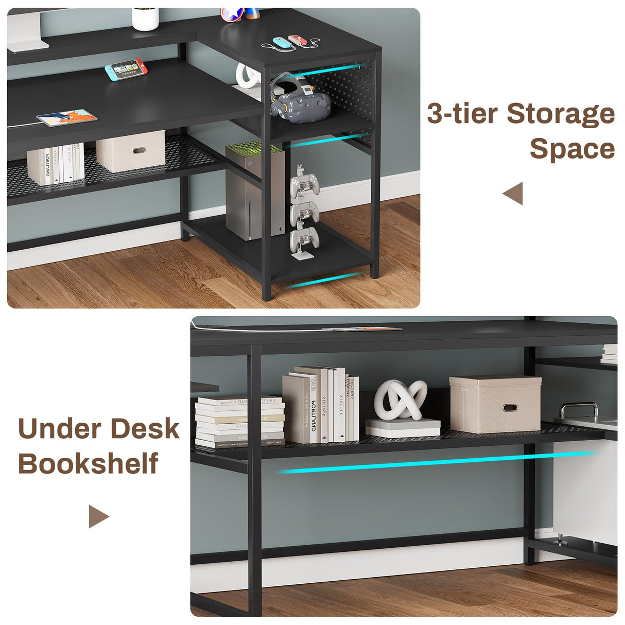 SEDETA L-Shaped Gaming Desk with Power Outlets, LED Lighting, and Ample Storage for Home Office SEDETA