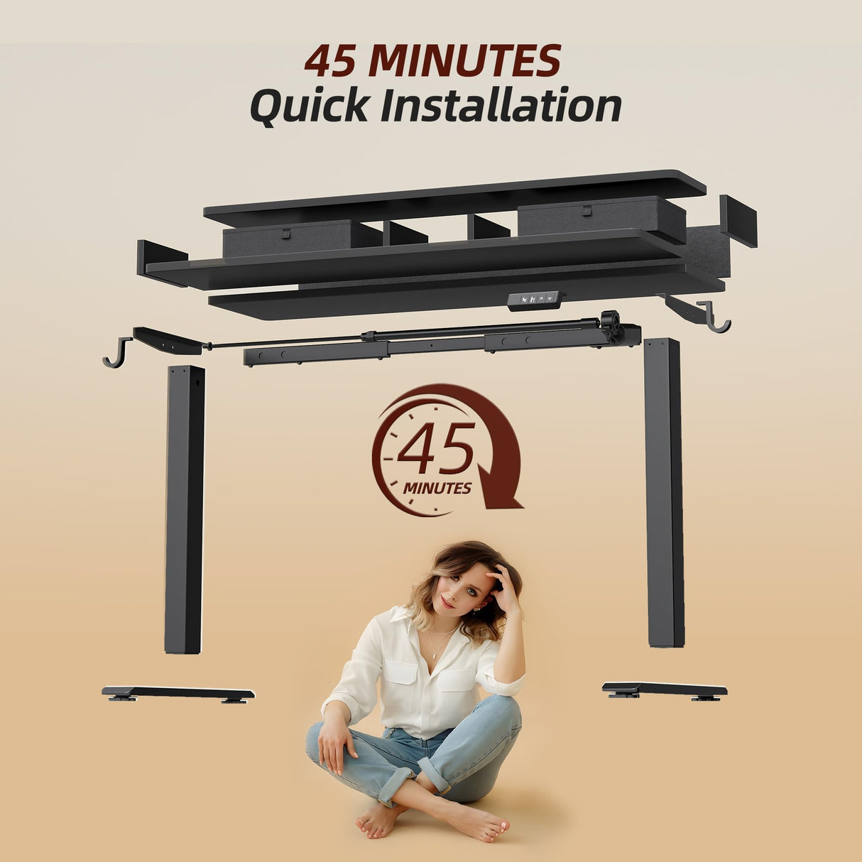 TIQLAB 48 * 24 Inch Standing Desk with Two Drawers, Stand Up Desk Adjustable Height, Electric Sit Stand Table with Storage Shelf and Splice Board, Black TIQLAB